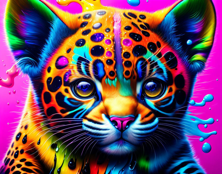 Colorful Leopard Cub Artwork with Neon Palette and Droplets