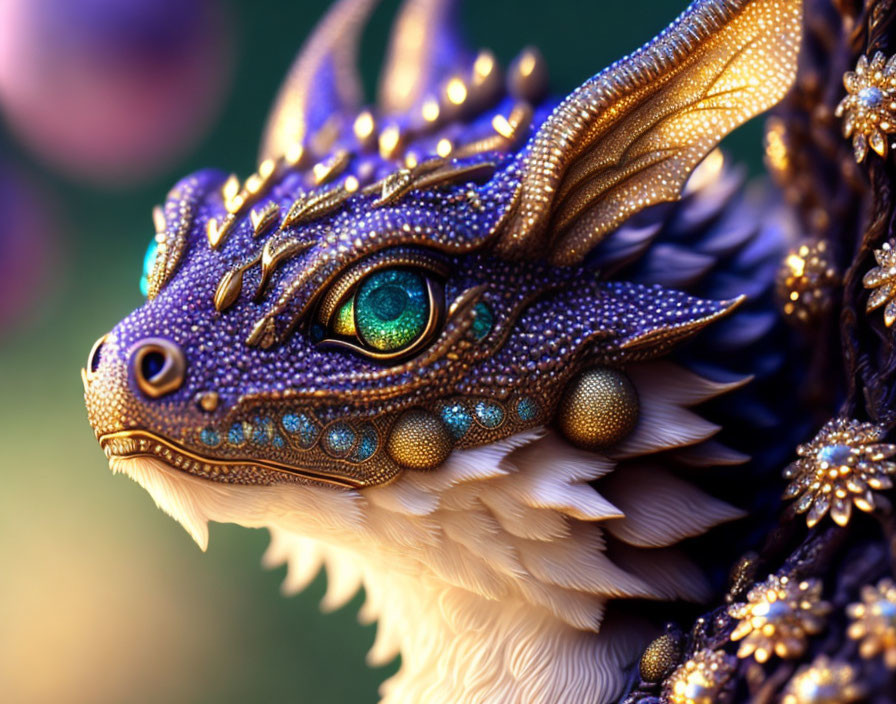 Detailed Dragon Artwork: Purple and Gold Scales, Green Eyes