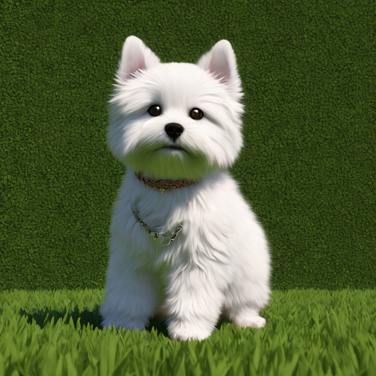 Fluffy White Digital Puppy Sitting on Grass against Green Backdrop