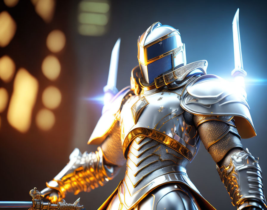 Futuristic knight in gleaming armor with glowing swords