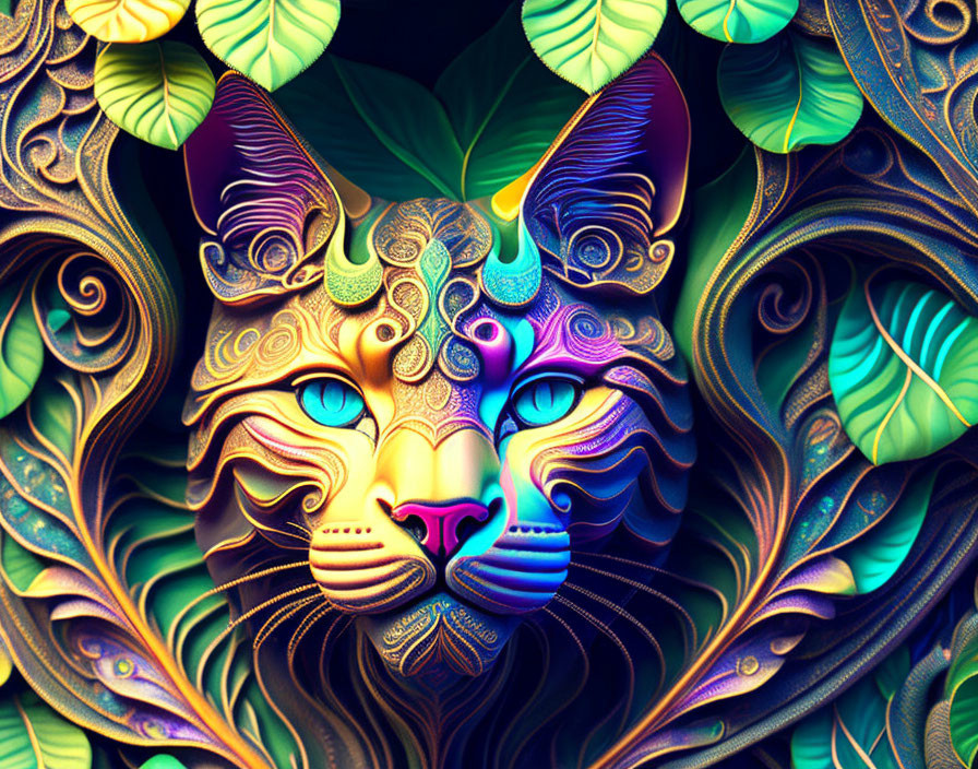 Colorful Fractal Art: Psychedelic Cat with Leaf Motifs