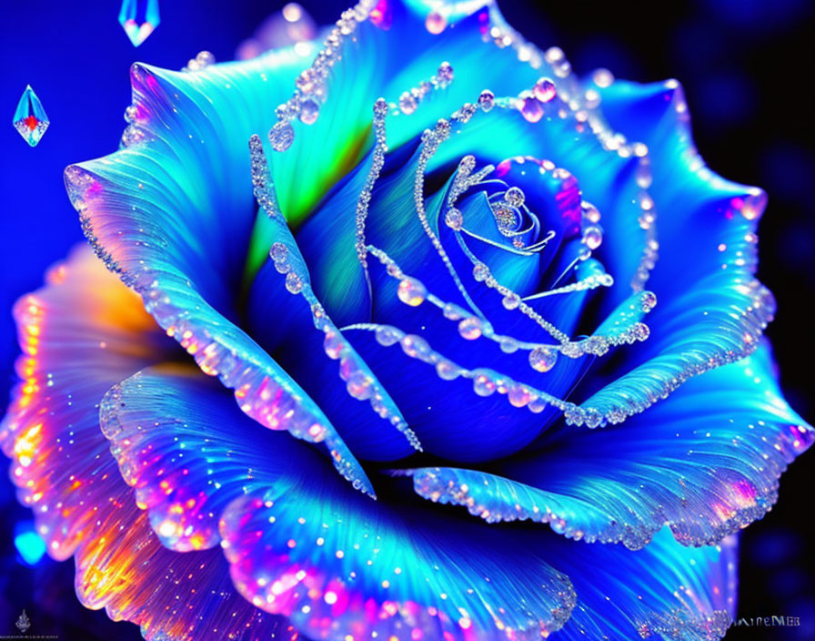 Vibrant blue rose with water droplets on petals against bokeh background