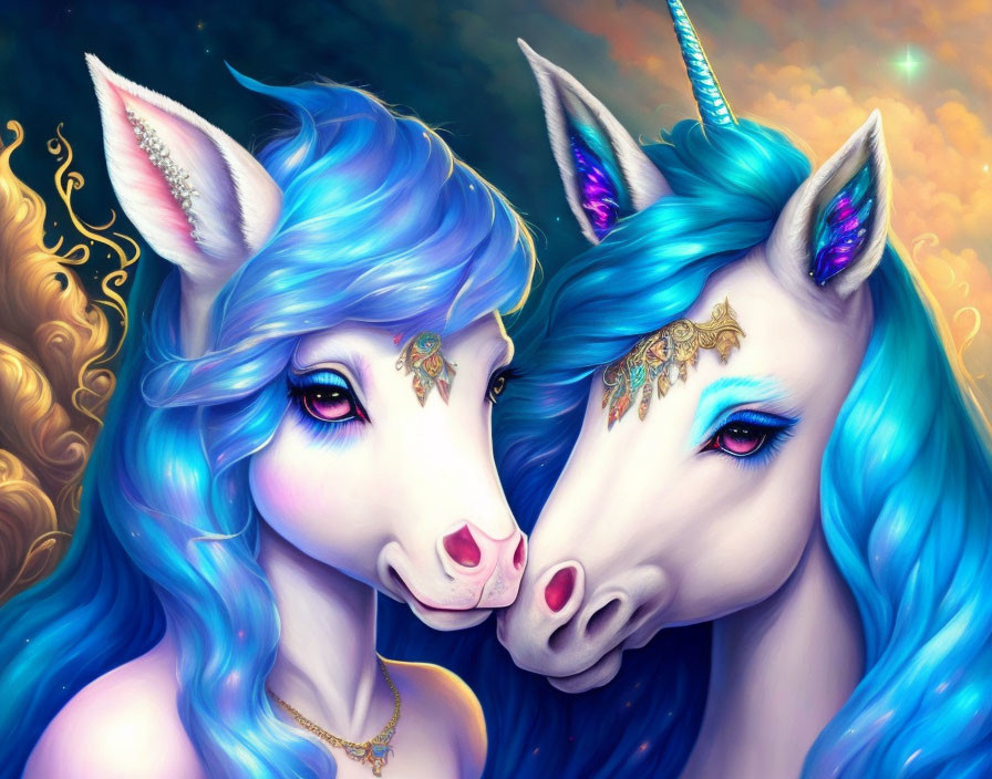 Illustrated unicorns with blue and gold details on mystical cloudy background