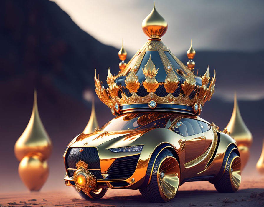 Luxurious Orange-Gold Car with Crown-Like Structure on Mountainous Dusk Background