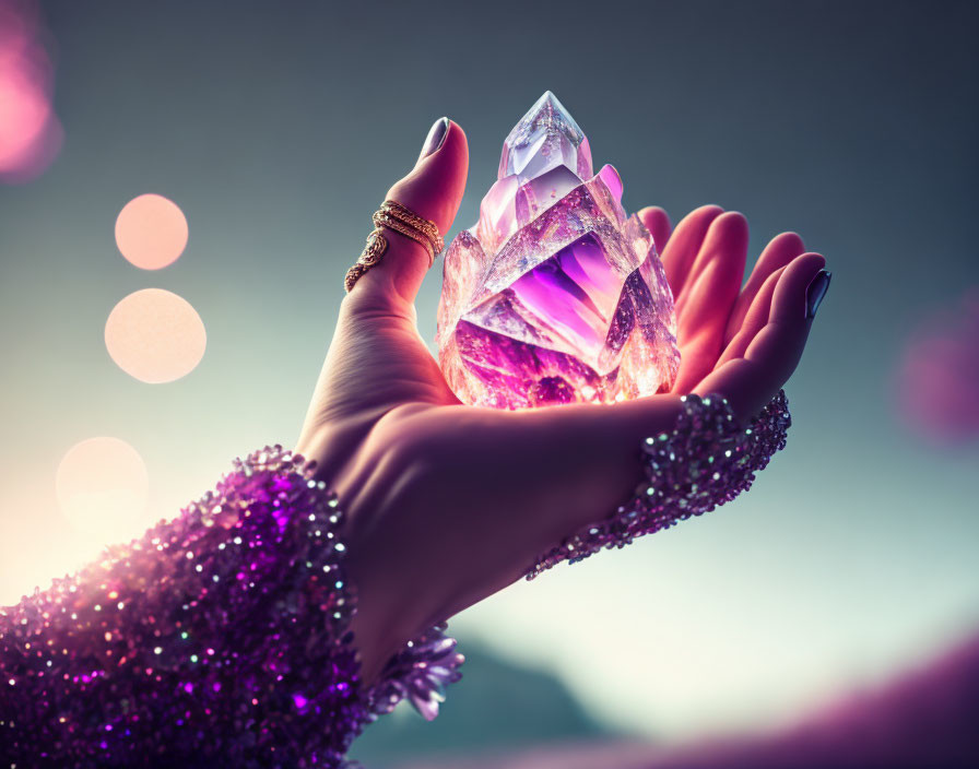 Sparkling jewelry adorned hand holding pink crystal on soft-focus background