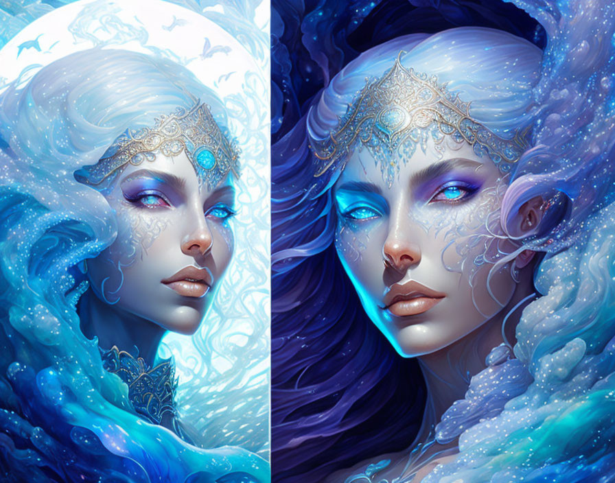 Fantasy illustration: Ethereal character with blue and white features, intricate headpieces, and mystical aura