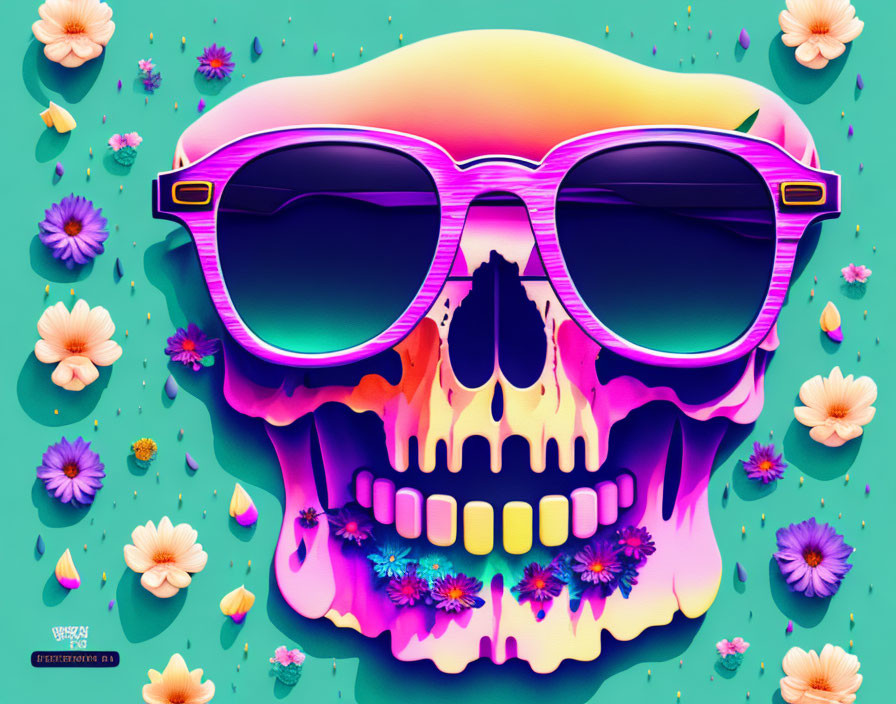 Colorful Skull with Sunglasses Surrounded by Flowers on Teal Background