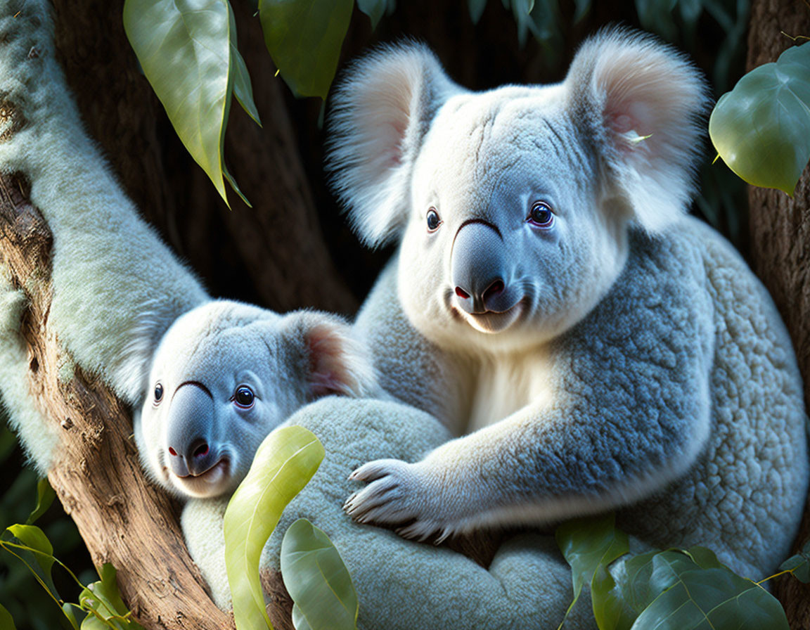 Adult koala and baby hugging tree in eucalyptus setting