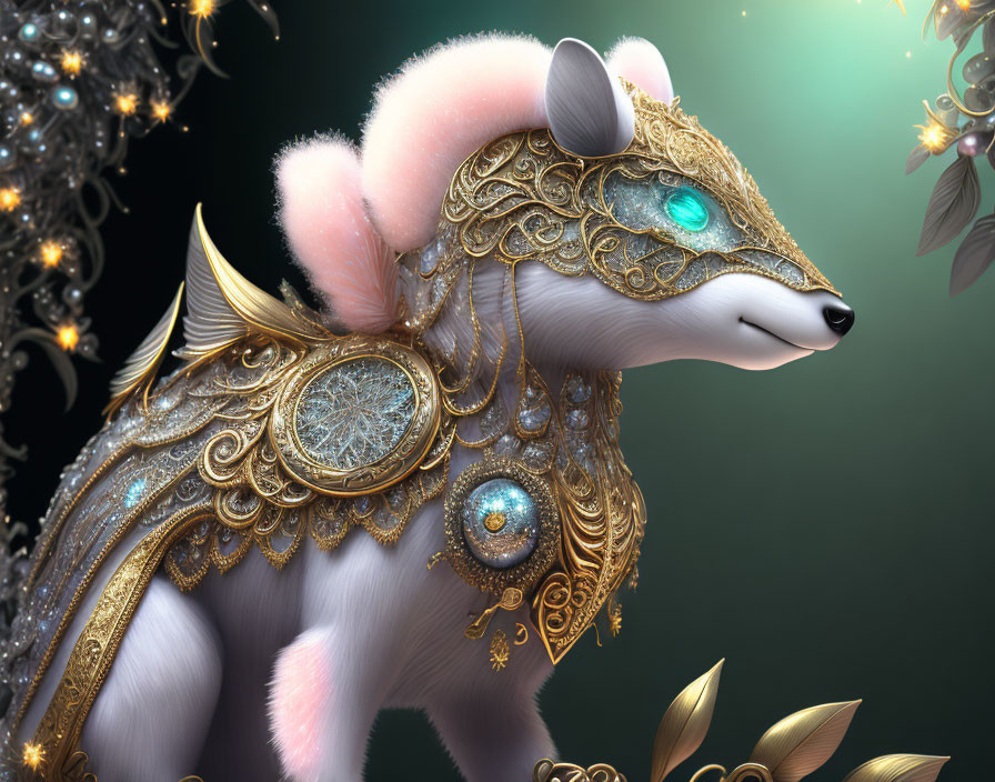 Anthropomorphic fox in golden armor on dark background