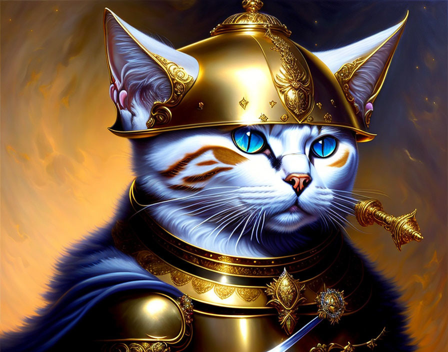 Digital Artwork: Cat in Golden Armor with Blue Eyes on Fiery Background