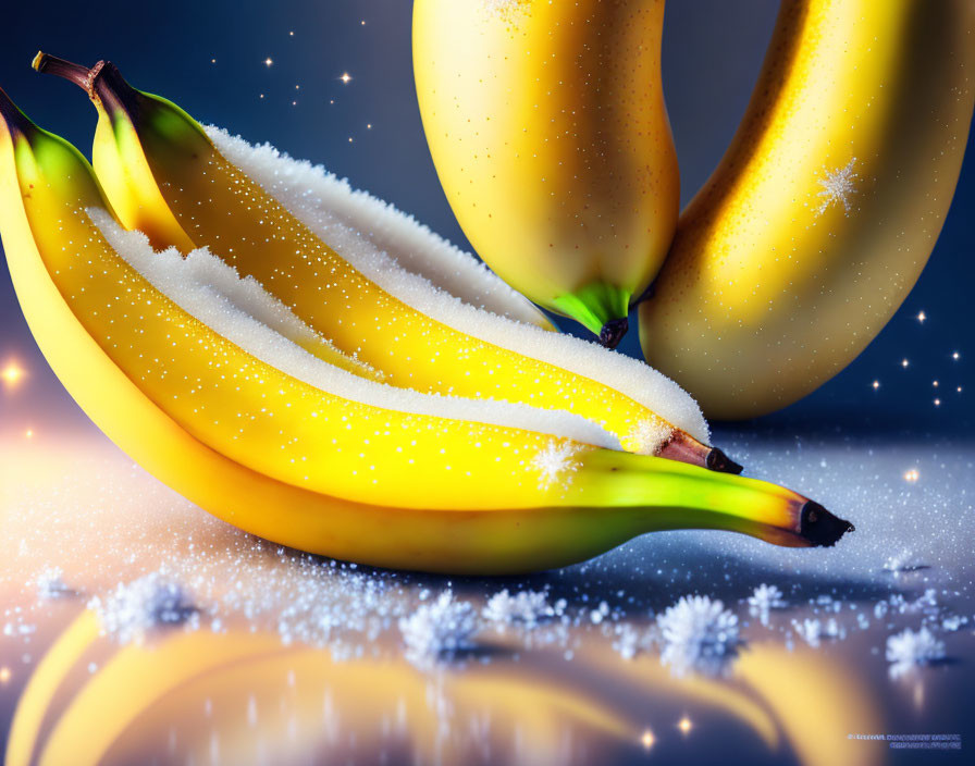 Ripe bananas with sugar crystals on blue backdrop.