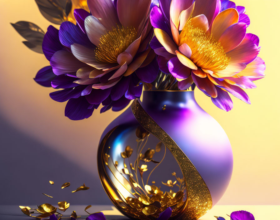 Vibrant purple and gold flowers in sleek vase with golden embellishments