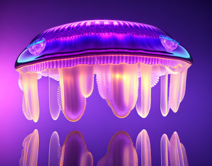 Vibrant 3D illustration of bioluminescent jellyfish in purple and pink hues