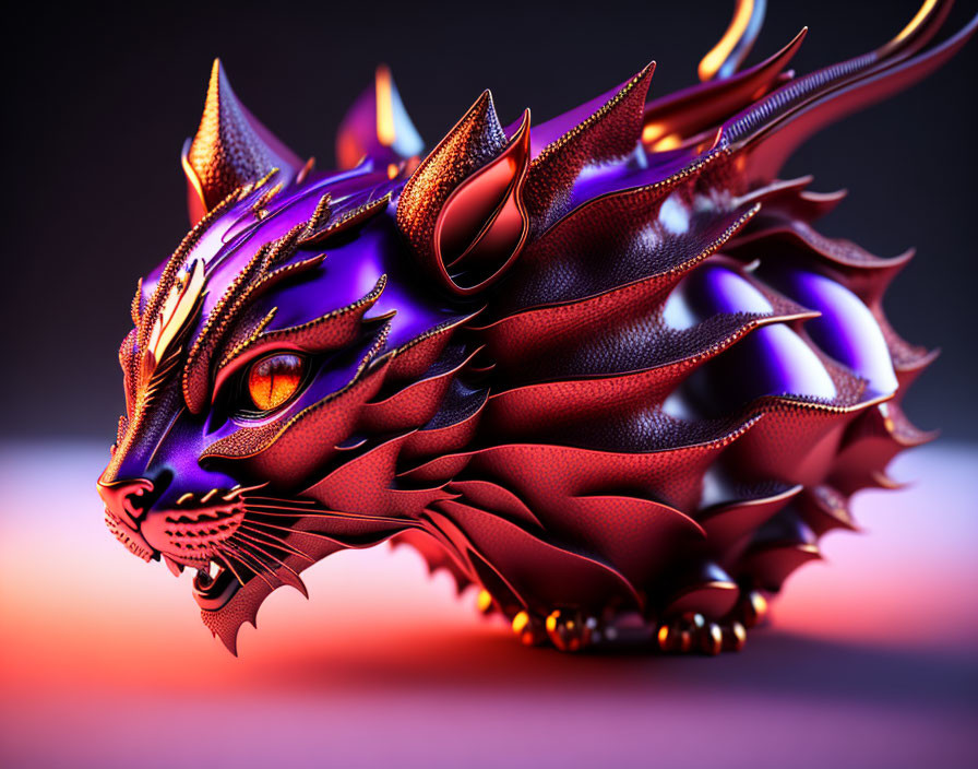 Stylized metallic dragon head on purple-red gradient background