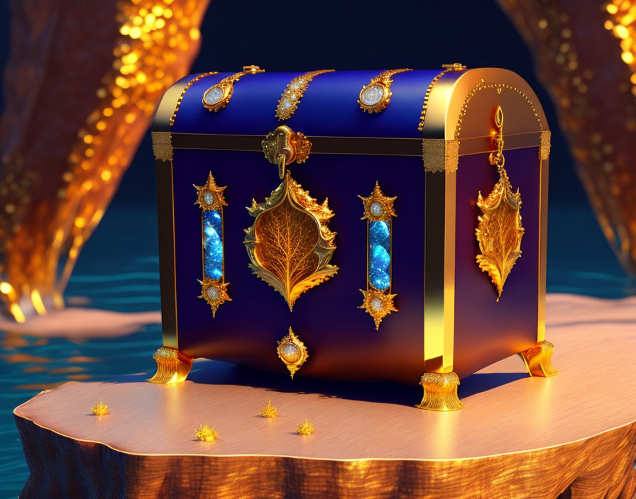 Ornate treasure chest with gold accents and blue gemstones on whimsical backdrop