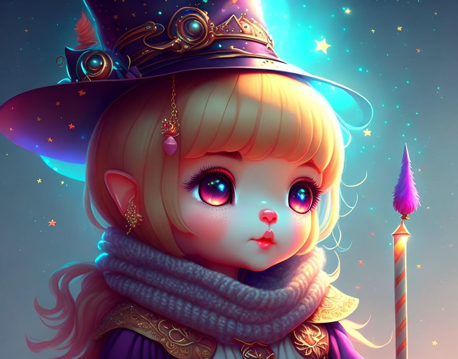 Stylized young girl with elfin ears in whimsical attire among stars