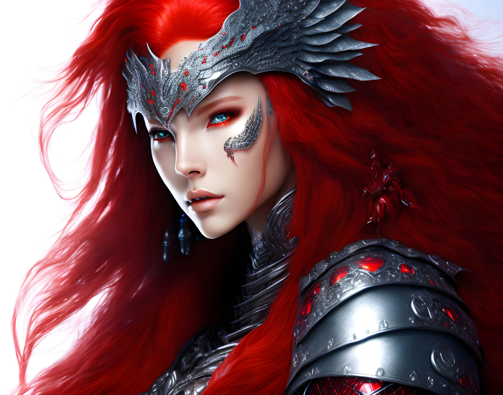 Digital art: Woman with red hair, blue eyes, silver & red armor, winged helmet