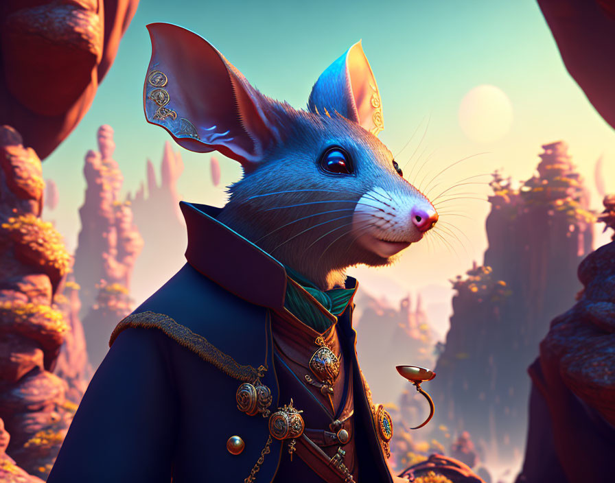 Anthropomorphic Mouse in Navy Coat Amid Mystical Landscape