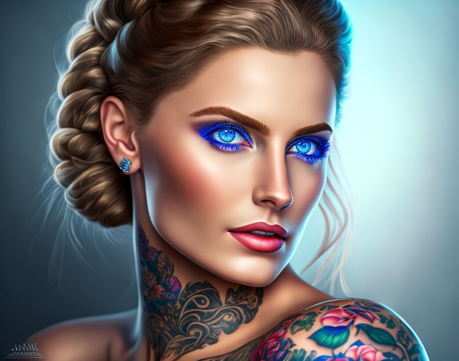 Detailed digital portrait of a woman with blue eyes, tattoos, braided hair, and earring