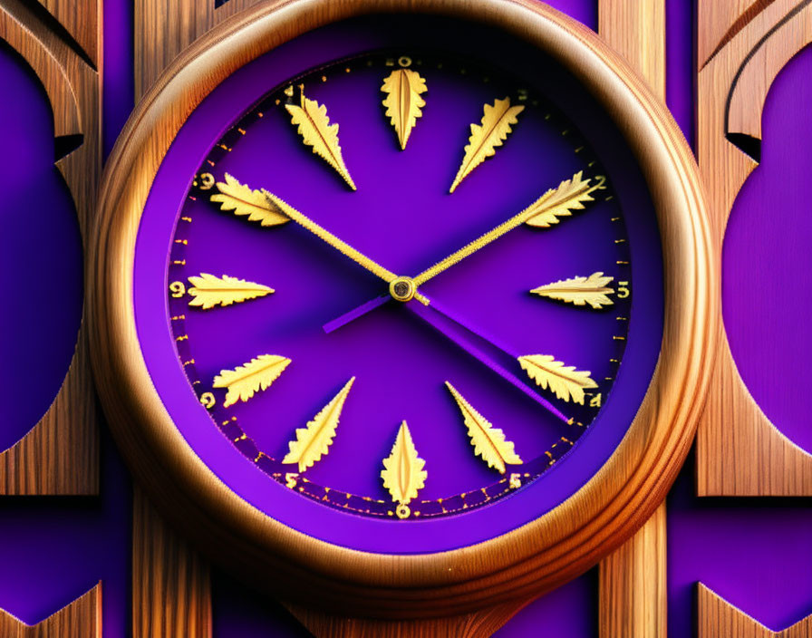 Purple and Gold Leaf Motif Clock on Carved Wood Background