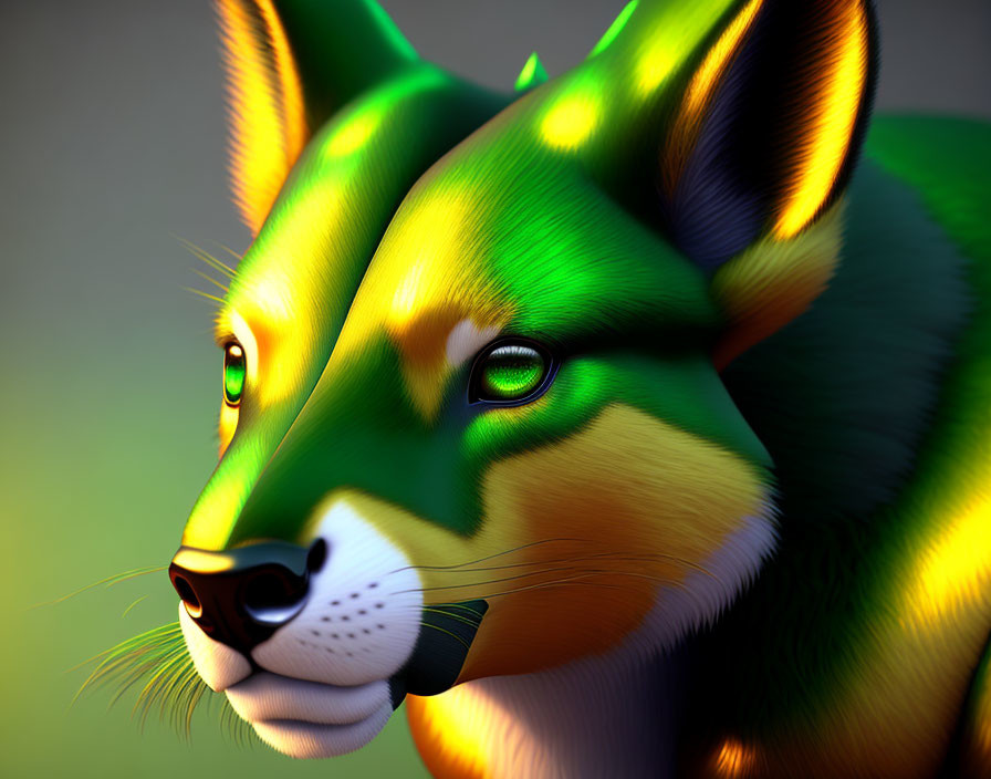 Colorful Stylized Digital Fox Art with Green and Yellow Tones