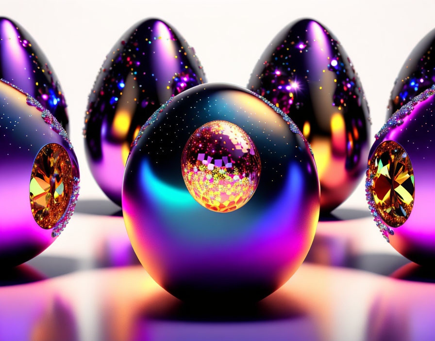 Colorful Easter eggs with jewels and sparkles on white backdrop