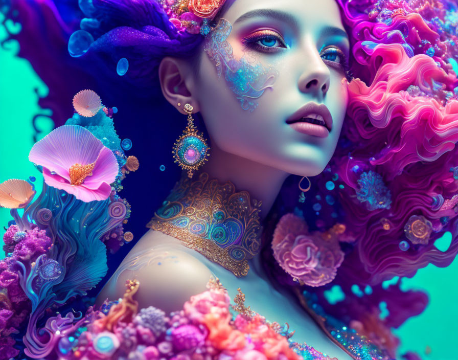 Vibrant surreal portrait of a woman with flowing hair and coral-like embellishments