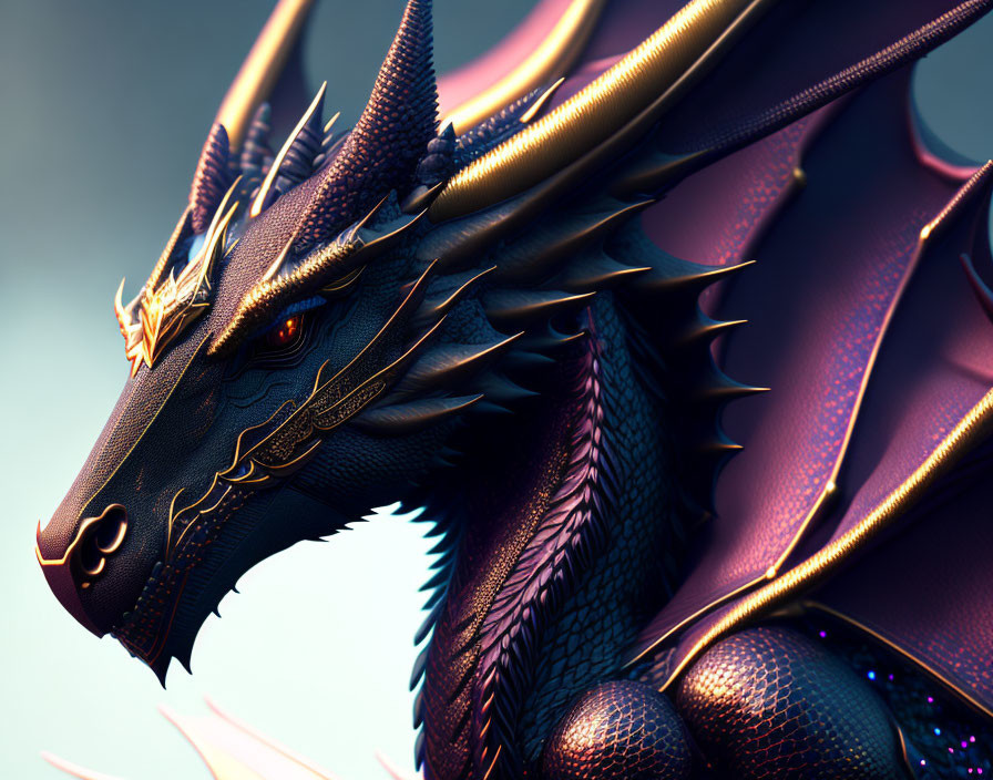 Detailed Close-Up of Majestic Metallic-Purple Dragon with Golden Horns