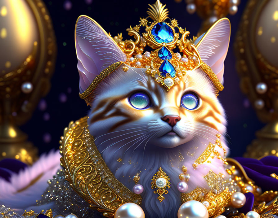 Majestic cat with golden crown and sapphire jewelry on dark background