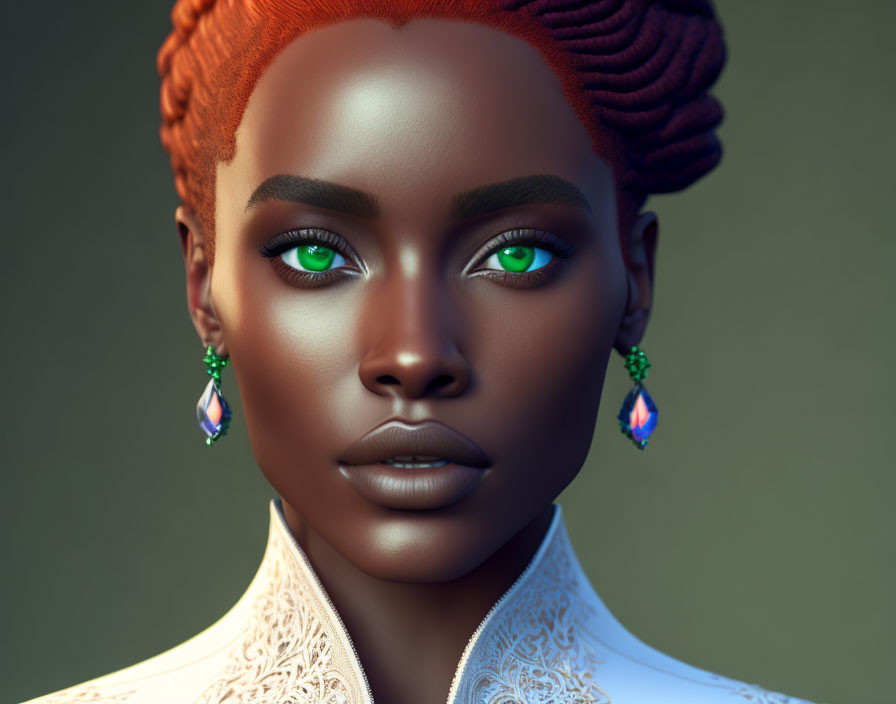 Portrait of woman with green eyes, red hair, and elegant earrings