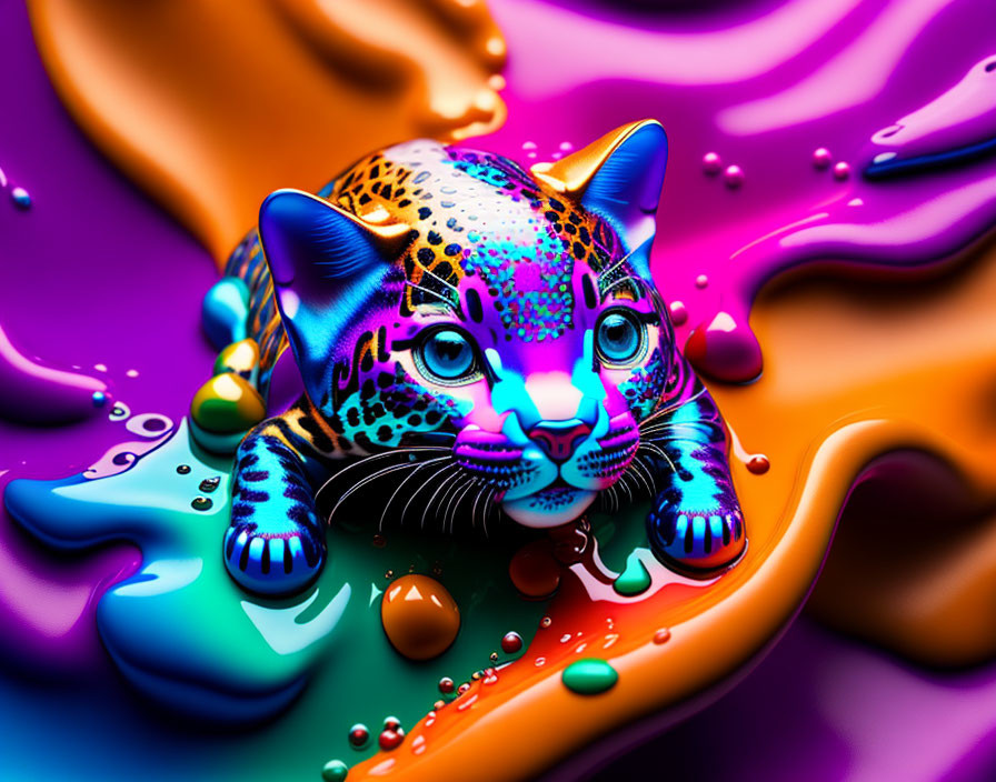 Colorful digital artwork: Multicolored leopard in surreal liquid.