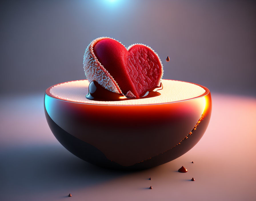 3D glossy red heart split in half with liquid center on half-sphere shell