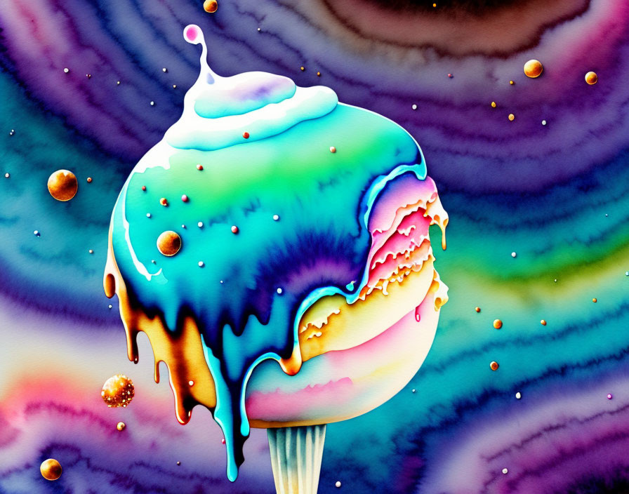 Colorful melting ice cream painting in surreal space background