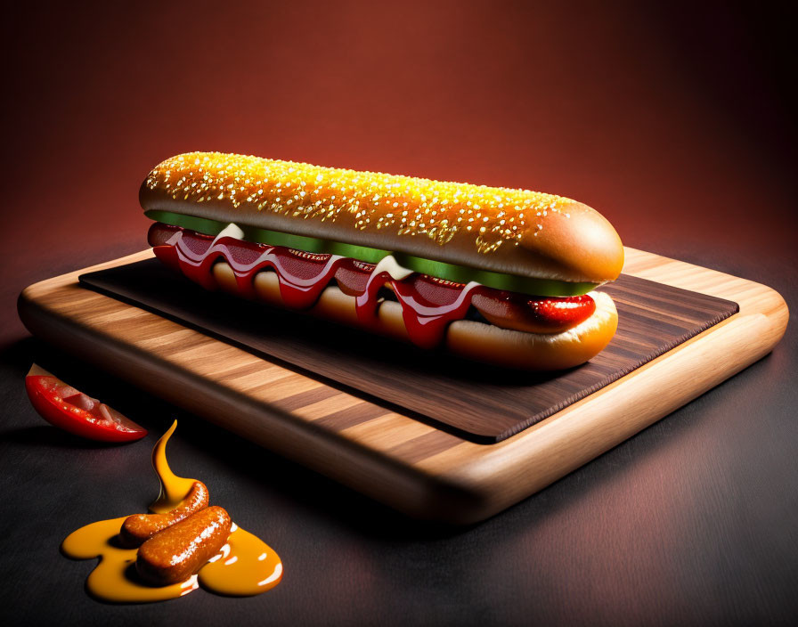 Hot Dog with Mustard and Ketchup on Wooden Cutting Board