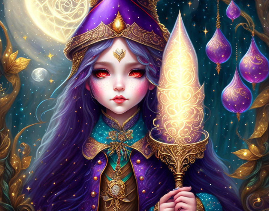 Whimsical female character with purple hair and glowing scepter in magical setting