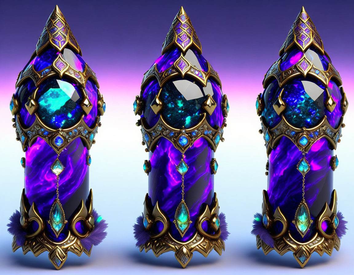 Three ornate royal scepters with purple and blue gems on pink and violet background