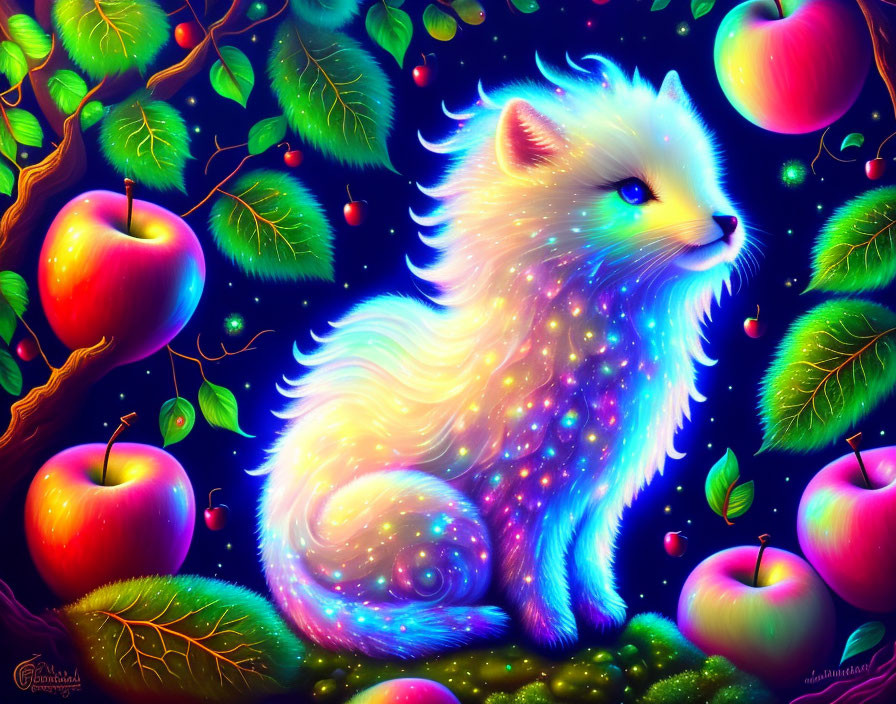 Illustration of mystical white cat in colorful orchard