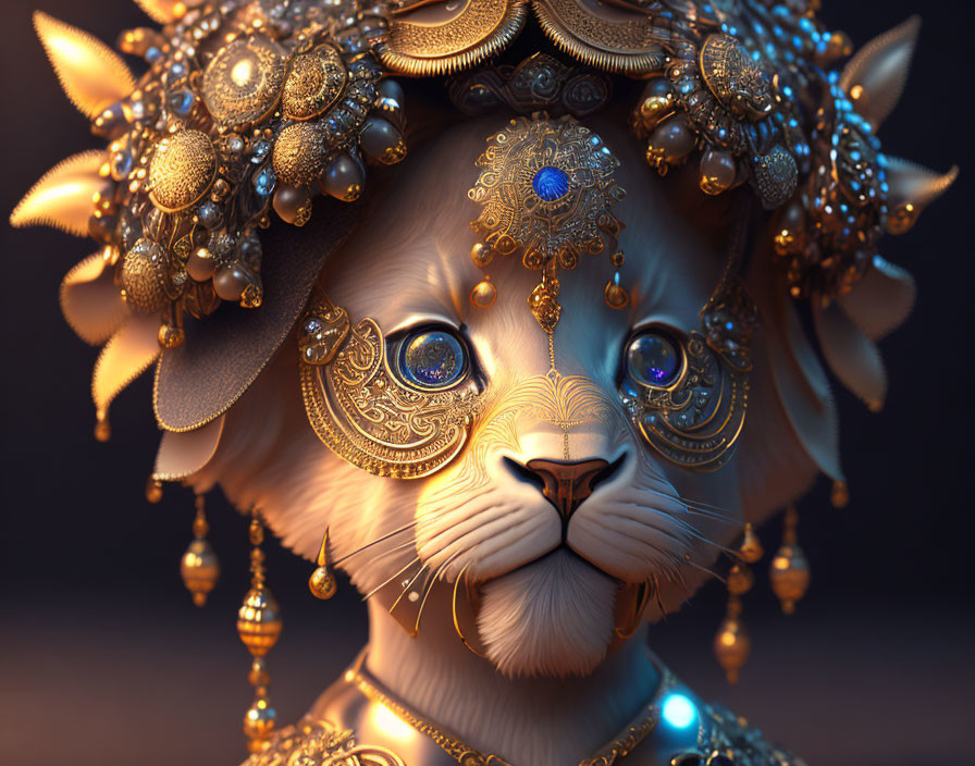 Majestic stylized cat with ornate golden jewelry and headdress.