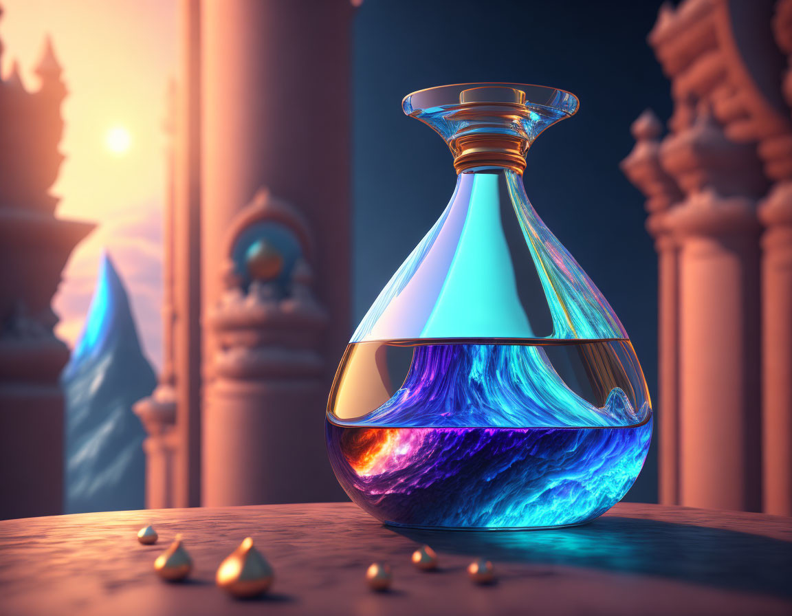 Colorful potion in transparent flask on stone pedestal with whimsical backdrop.