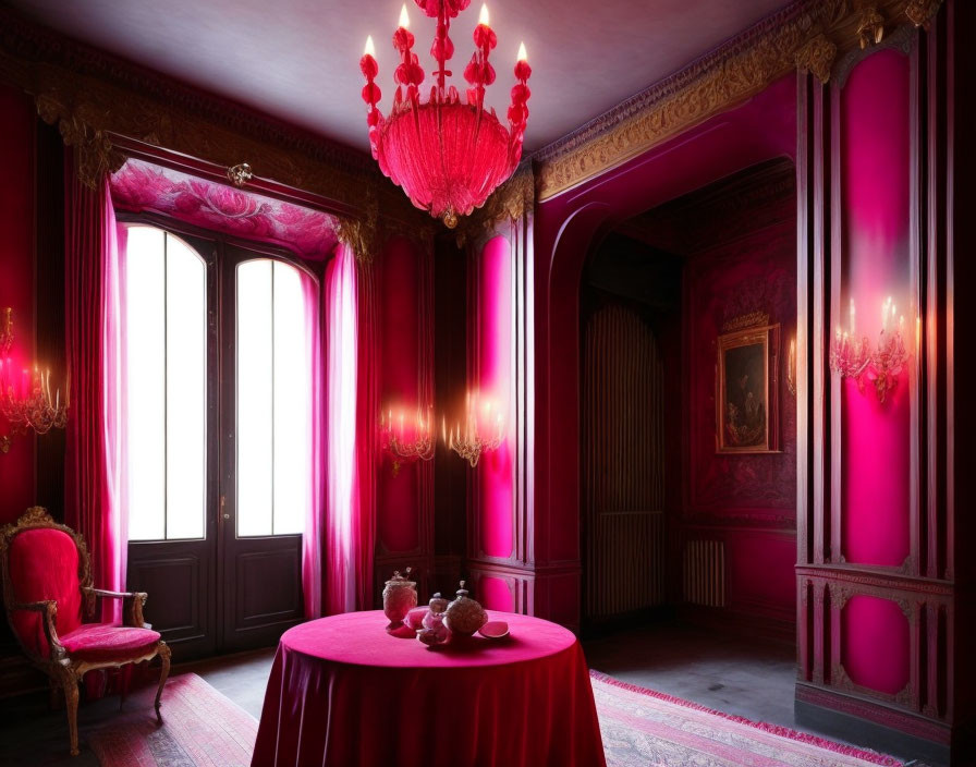 Luxurious Red-themed Room with Elegant Decor & Traditional Art