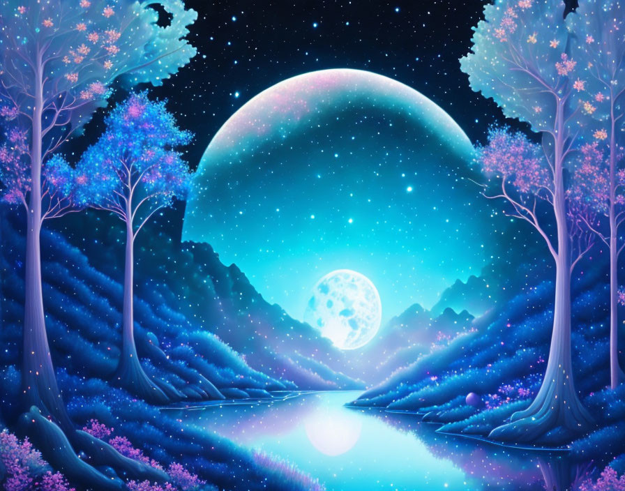 Mystical night scene with glowing trees and moon