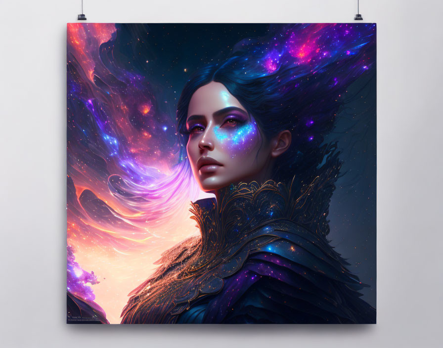 Cosmic-themed woman portrait with vibrant nebulae and mystical aura