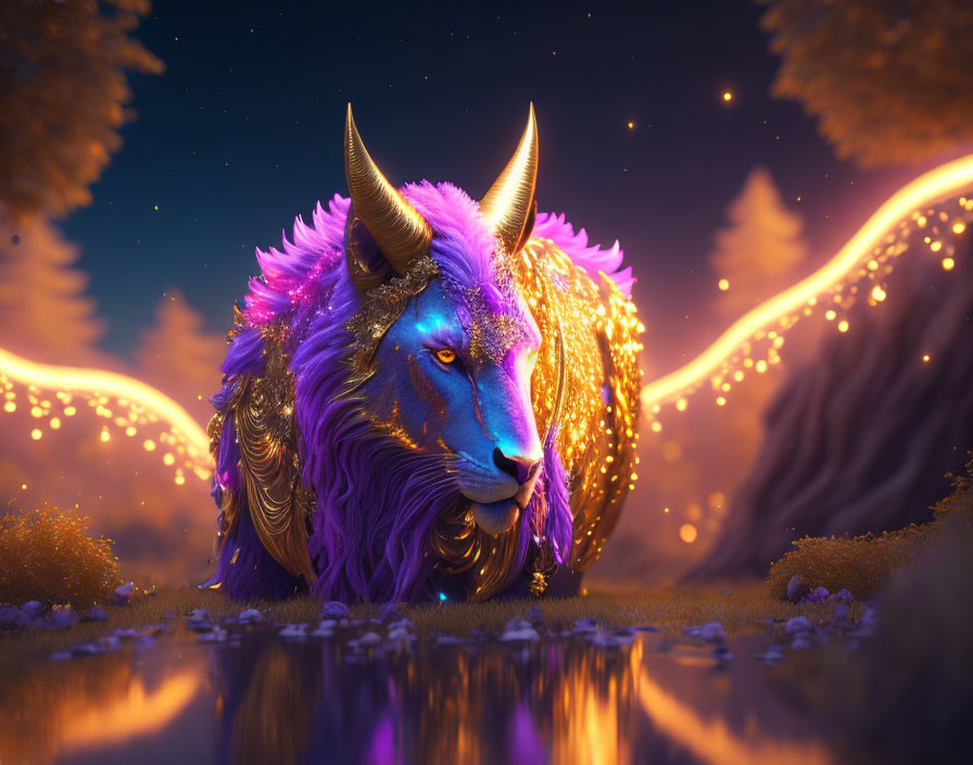 Blue and gold mythical lion in enchanted forest under starry sky