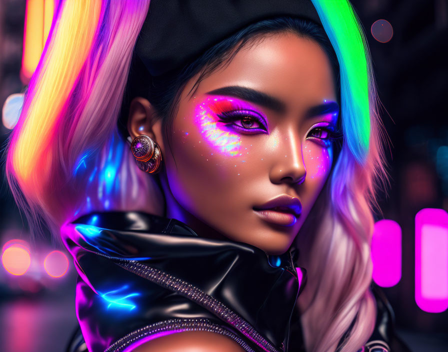 Vibrant neon makeup and colorful hair on woman in digital artwork