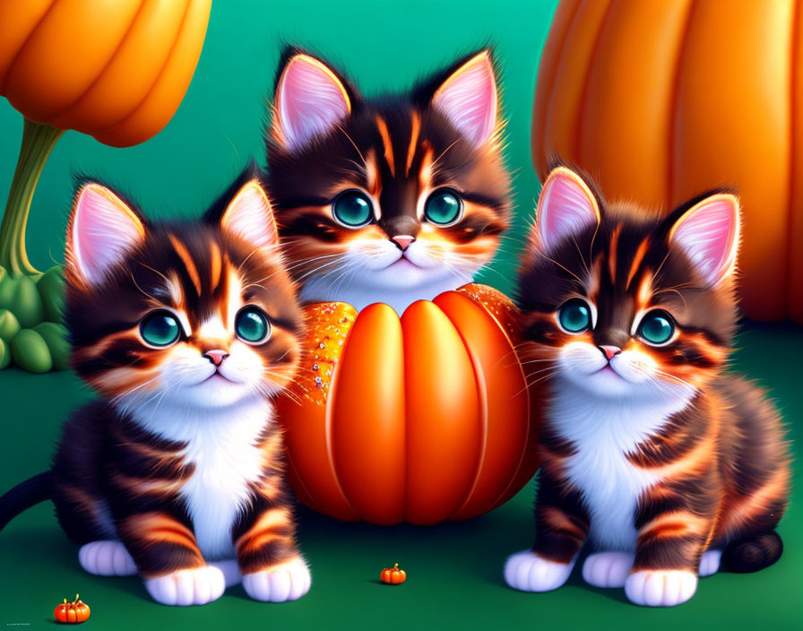 Three cute kittens with green eyes and pumpkins on green background