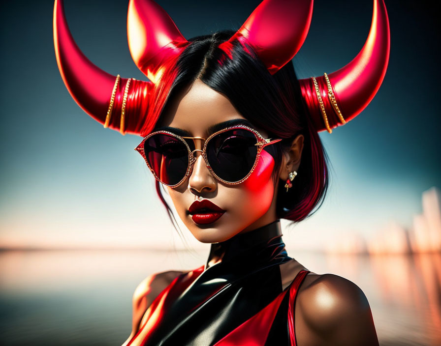 Stylized woman with red horns and sunglasses by coastal skyline