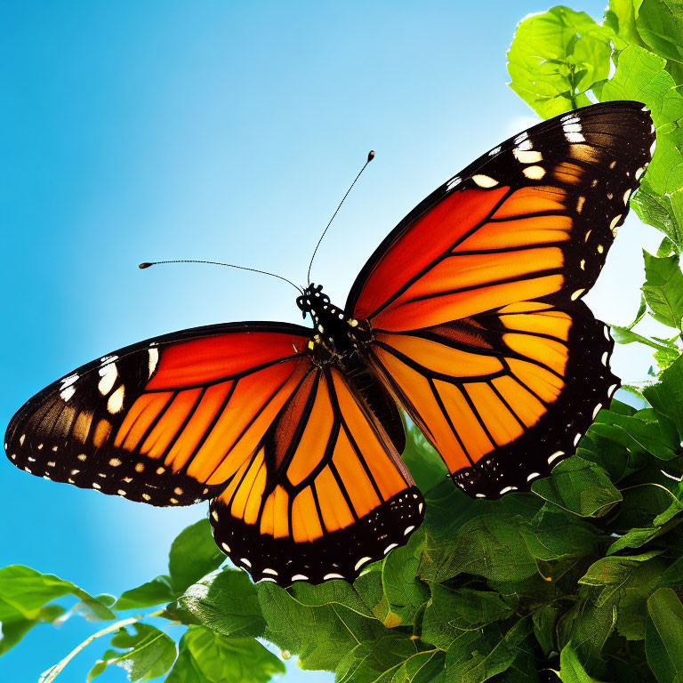 Colorful Monarch Butterfly on Green Leaves and Blue Sky