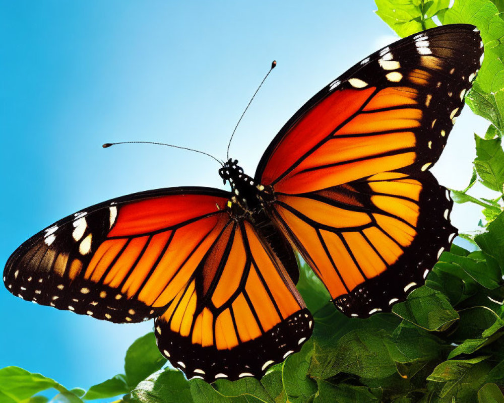 Colorful Monarch Butterfly on Green Leaves and Blue Sky