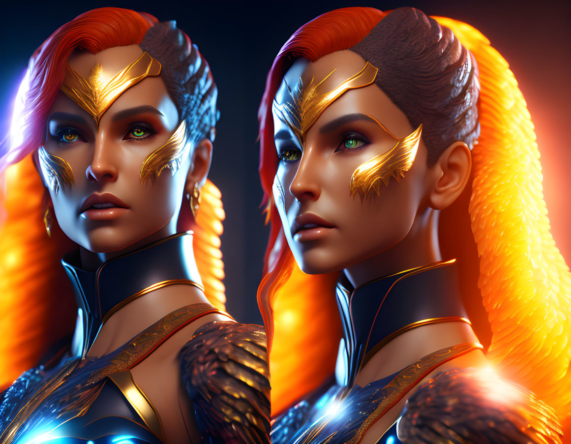 Digital Artwork: Female Character with Orange Hair and Futuristic Suit