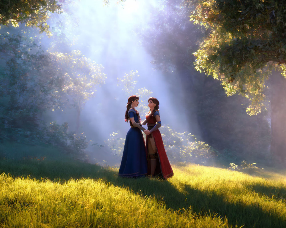 Animated characters in blue and red dresses holding hands in sunlit forest clearing